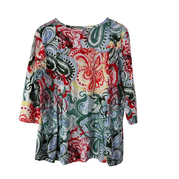 Chicos Top Women Extra Large 3 Blue Floral 3/4 Sleeve Casual Basic V-Neck Blouse - Picture 3 of 6